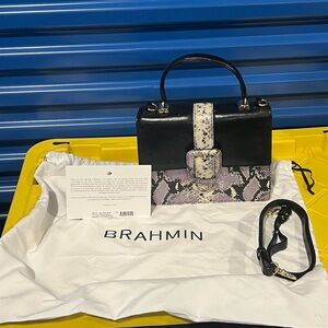 Brahmin Black and White Satchel with Snake Print